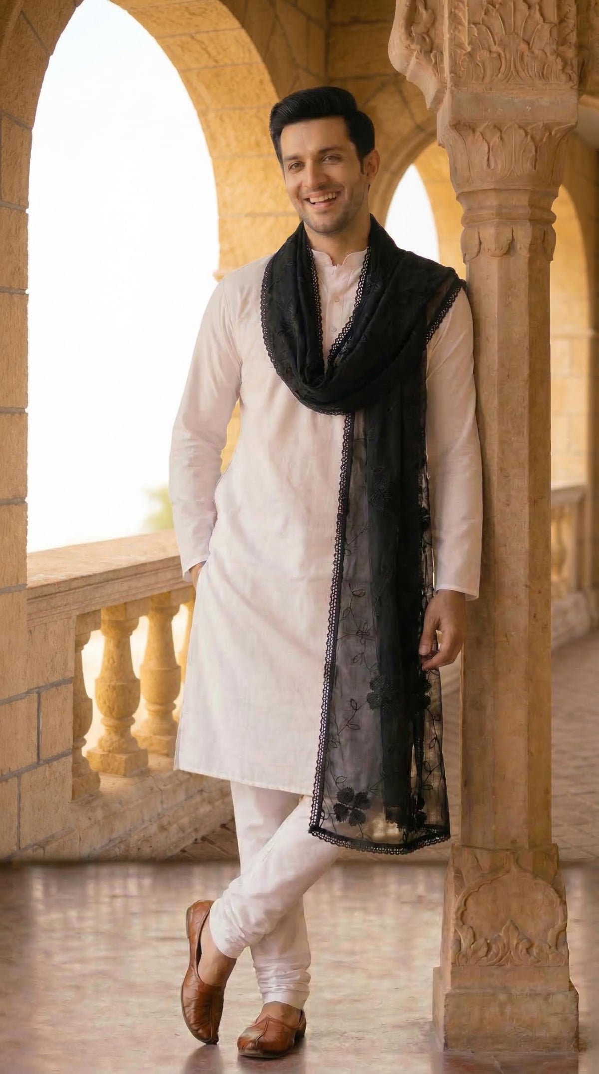 Pure Cotton Self Embroidery Dupatta for Men | Black - view 3