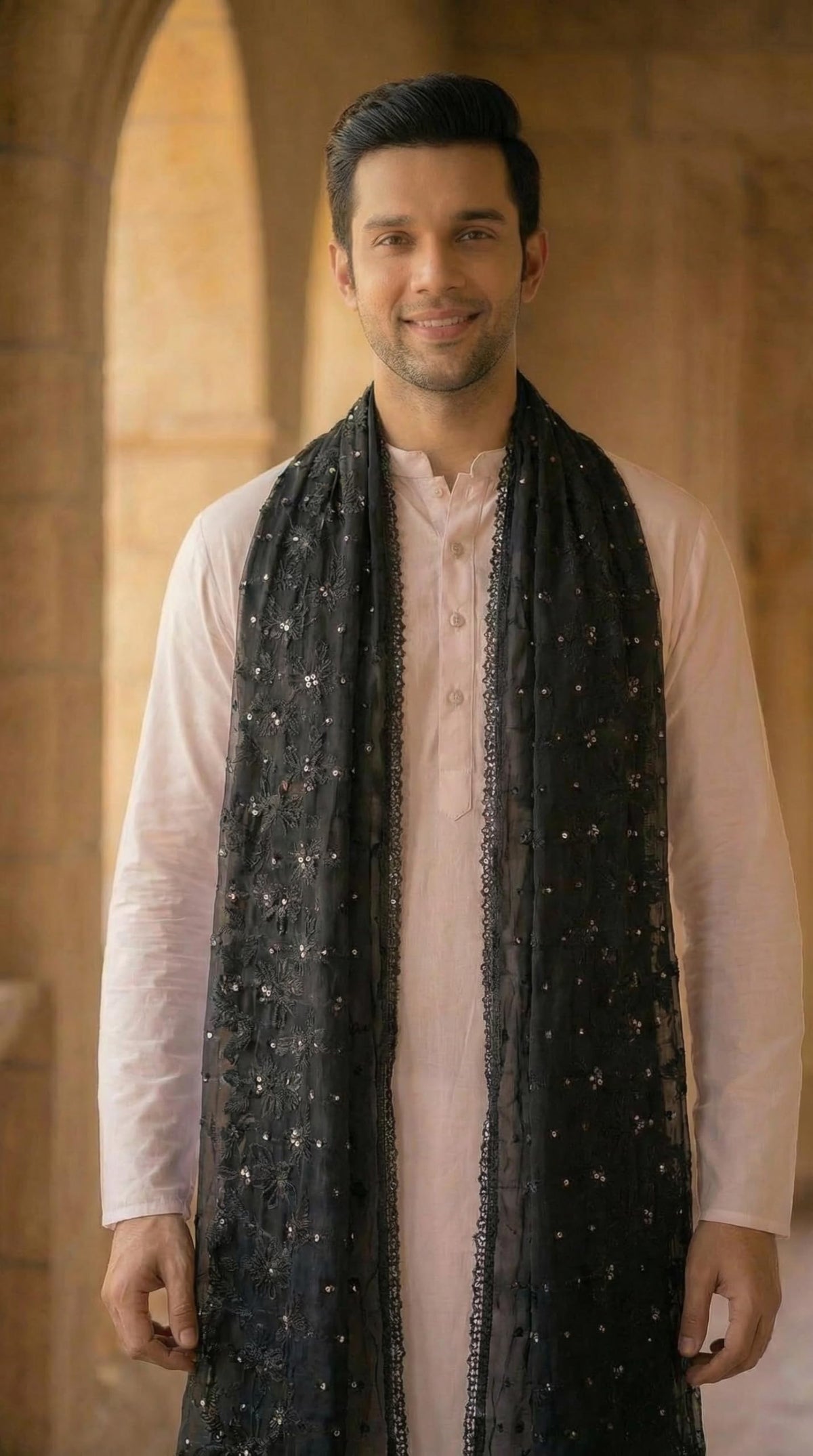 Chanderi Cotton Self Embroidery Dupatta for Men | Black - view 3