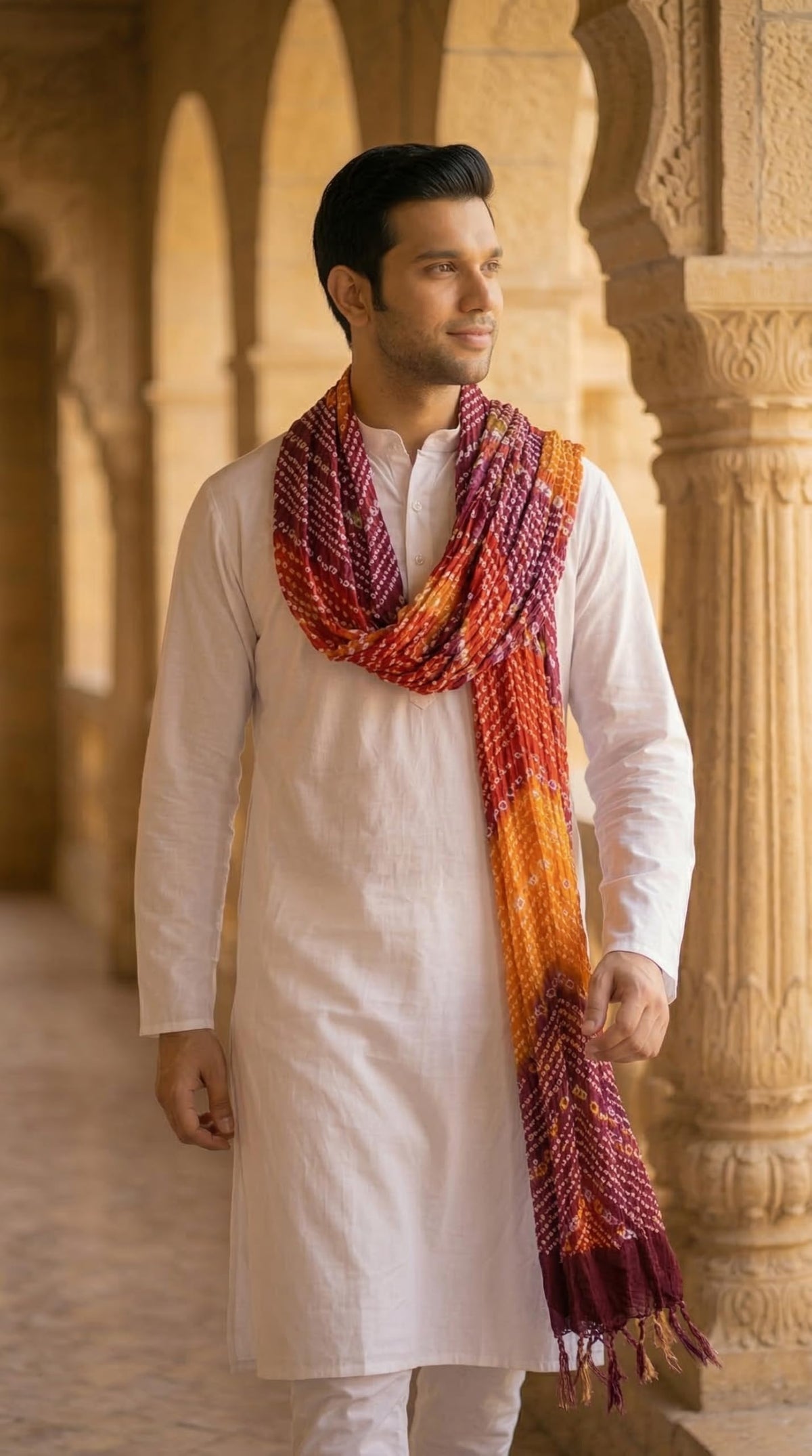 Chinnon Bandhani Dupatta for Men | Multicolor Orange - view 3