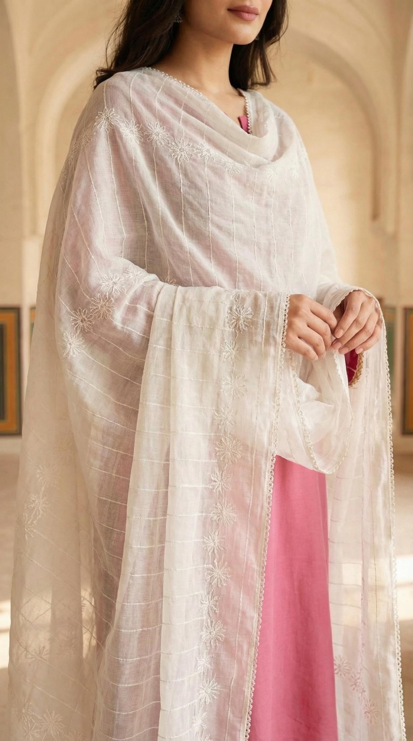 Floral Self Embroidered Chanderi Cotton Dupatta for Women | White - view 5