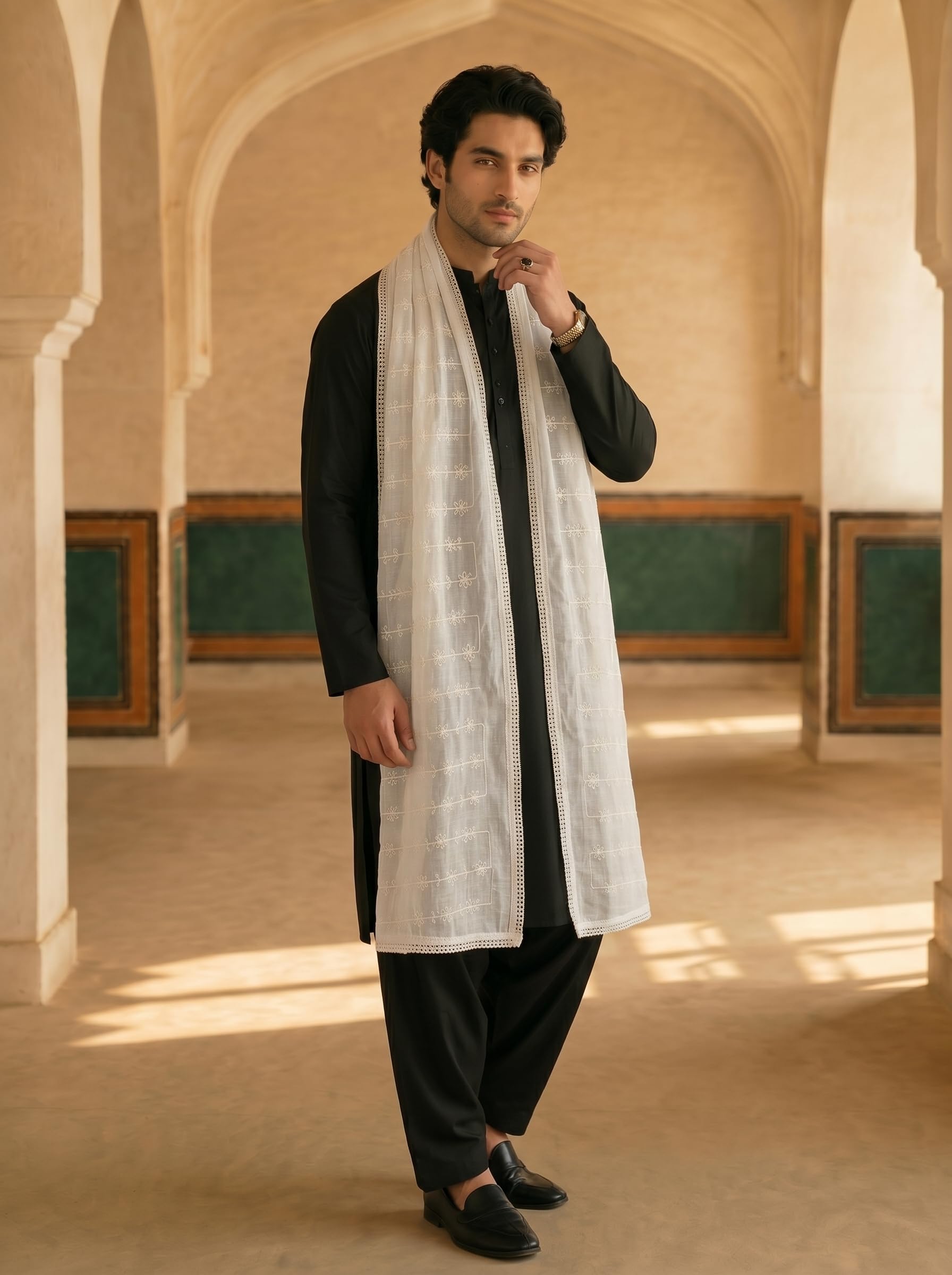 Pure Cotton Self Embroidered Floral Dupatta for Men | White - view 2