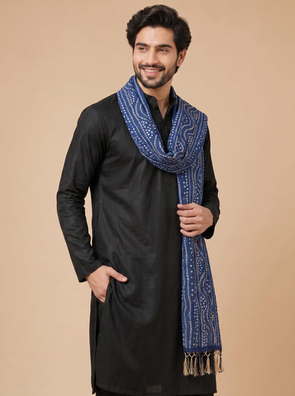 Printed Bandhani Dupatta for Men | Navy Blue - view 4