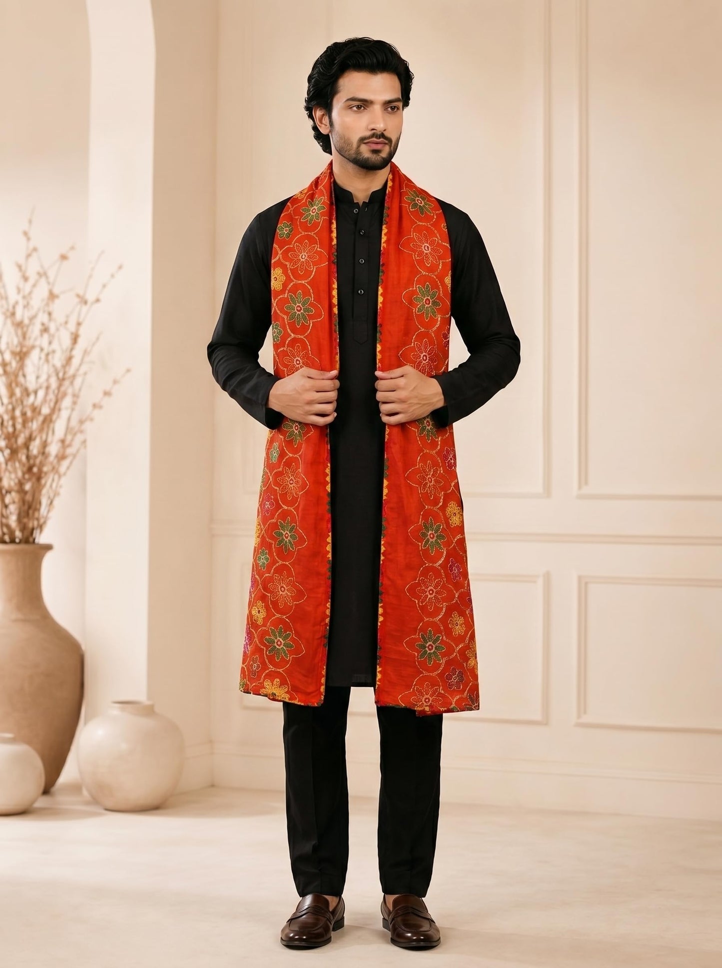Pure Cotton Embroidered Phulkari Dupatta for Men | Red - view 2