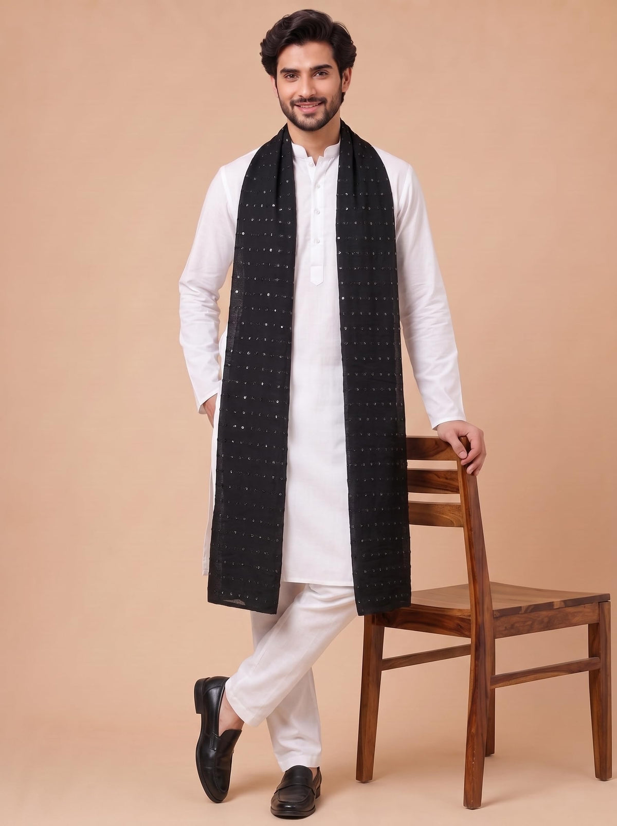 Pure Cotton Embroidered Dupatta for Men with Sequin | Black - view 4
