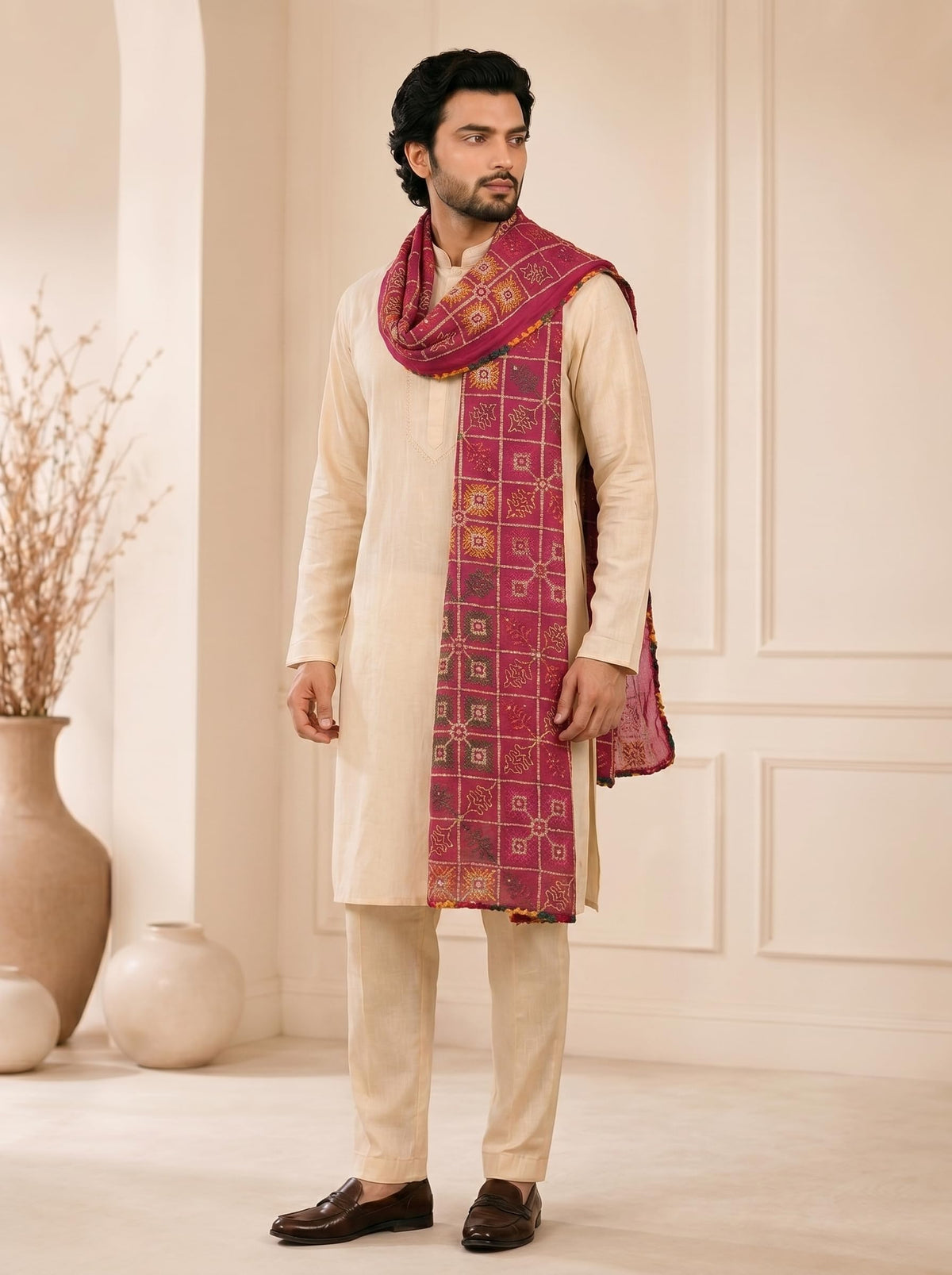 Pure Cotton Embroidered Phulkari Dupatta for Men | Pink - view 2