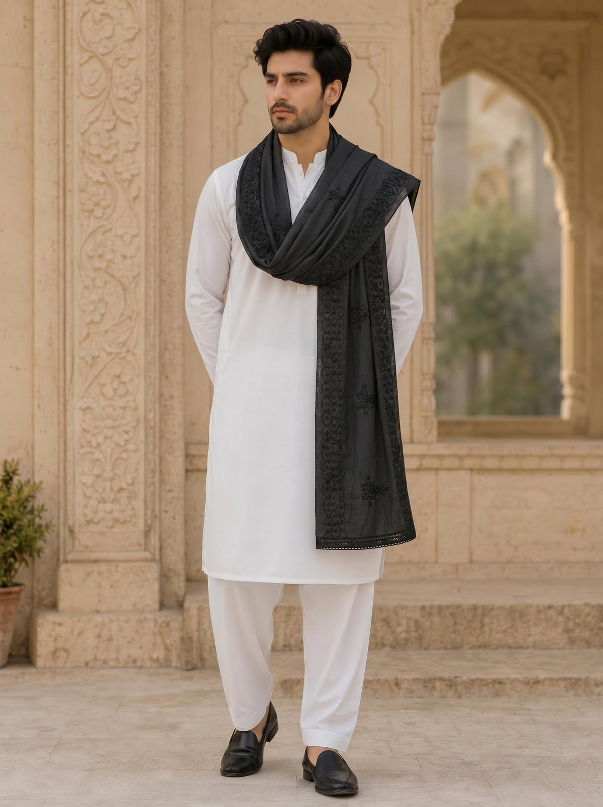 Pure Cotton Self Embroidered Dupatta for Men | Black - view 3