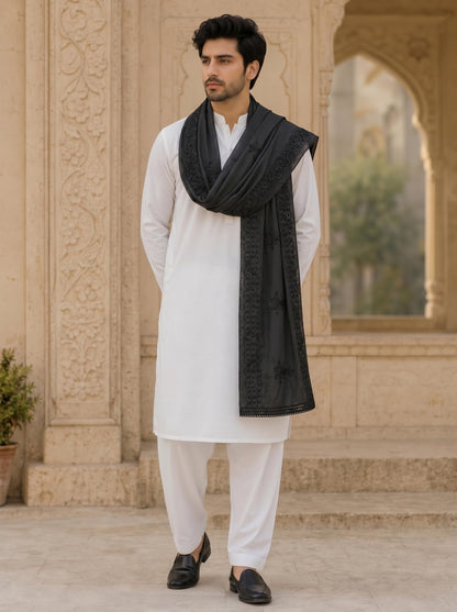 Pure Cotton Self Embroidered Dupatta for Men | Black - view 3