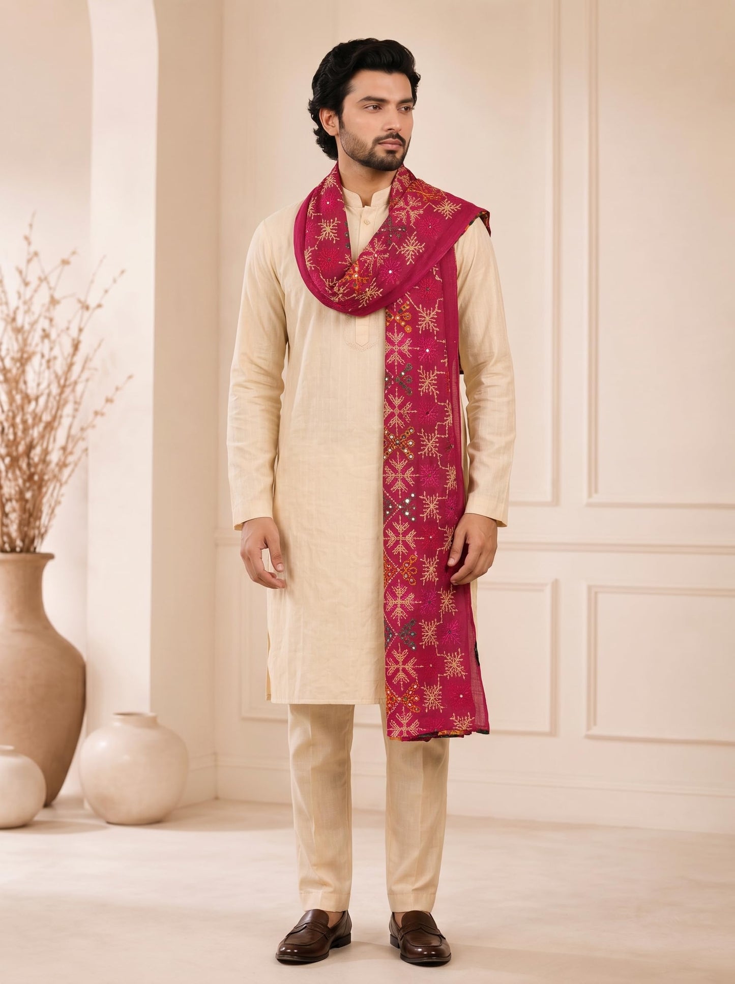 Pure Cotton Embroidered Phulkari Dupatta for Men | Pink - view 4