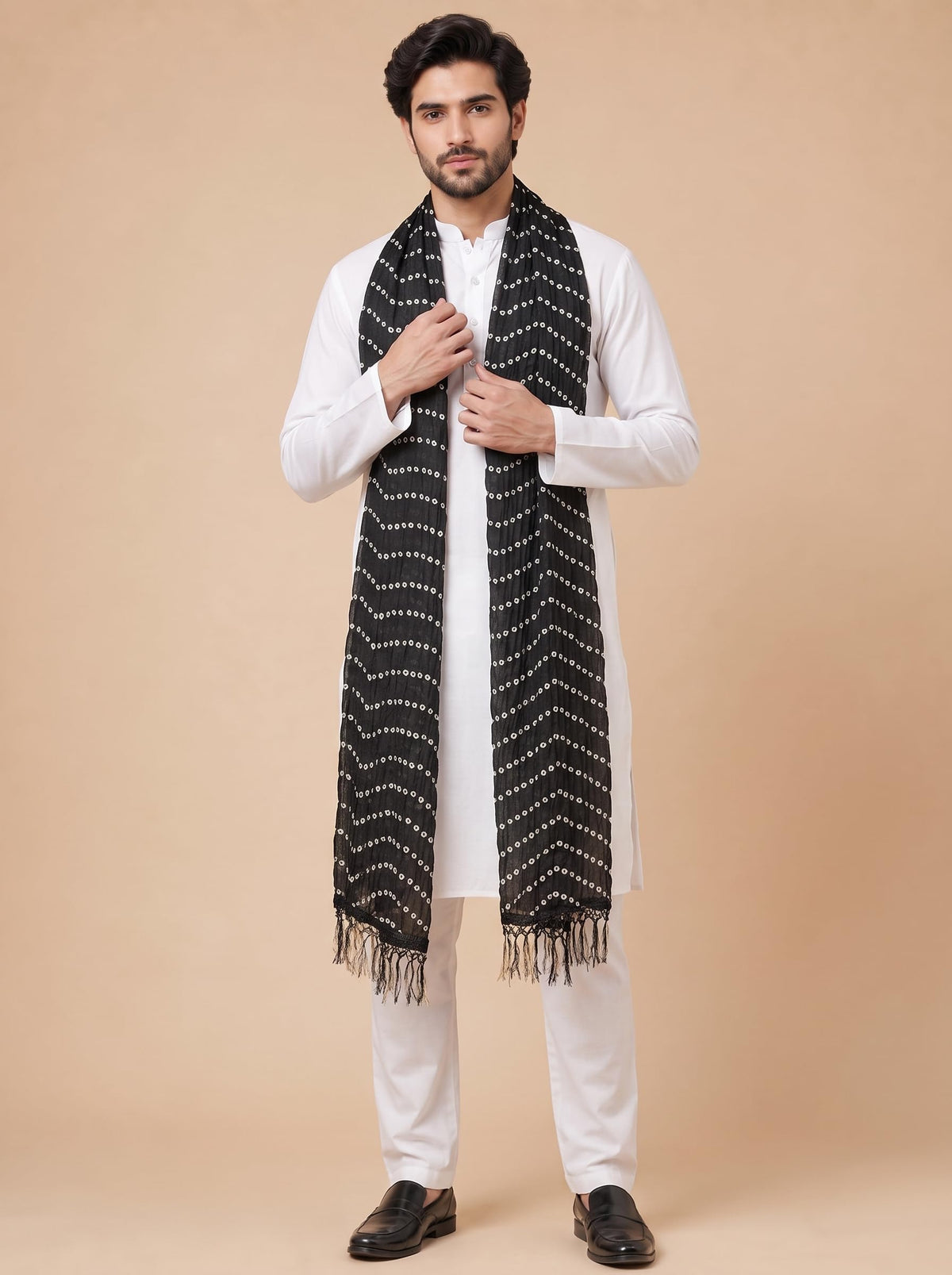 Printed Bandhani Dupatta for Men | Black - view 4