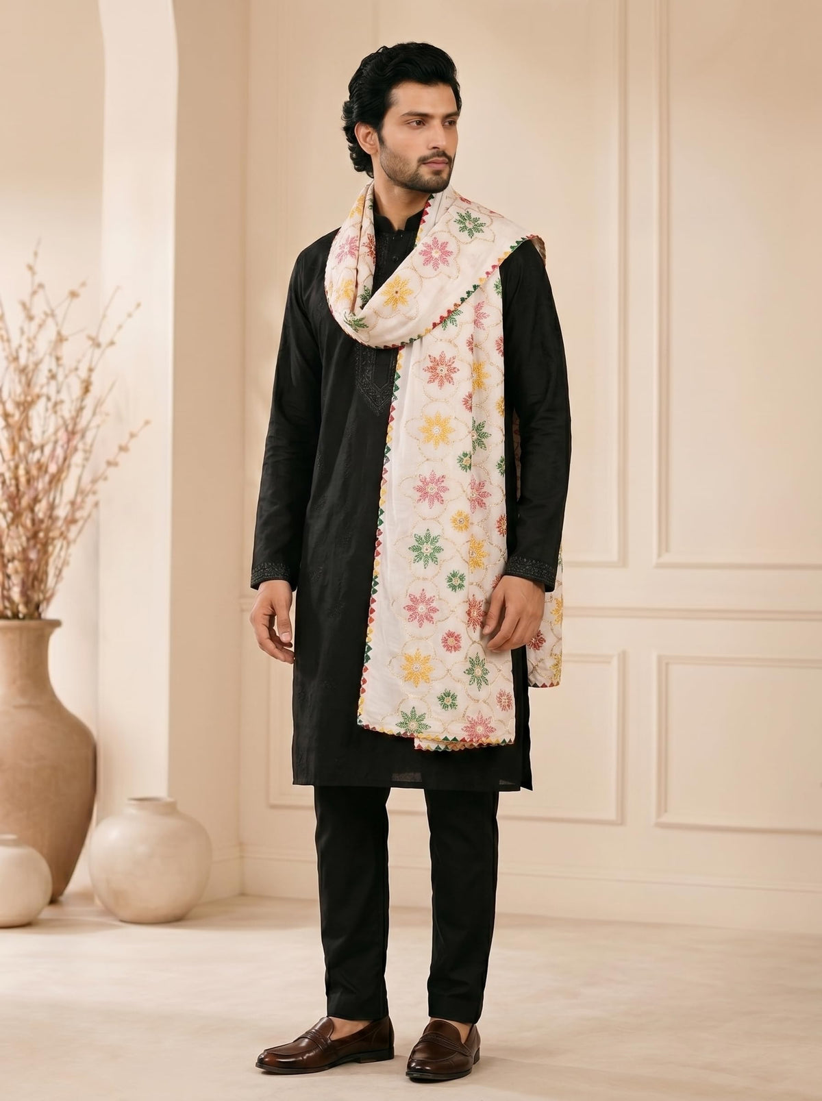 Pure Cotton Embroidered Phulkari Dupatta for Men | White - view 2