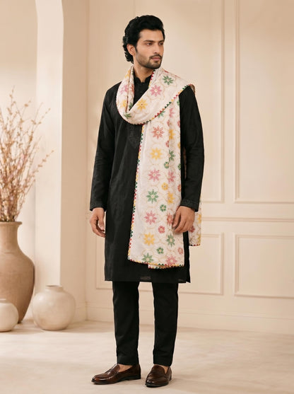 Pure Cotton Embroidered Phulkari Dupatta for Men | White - view 2