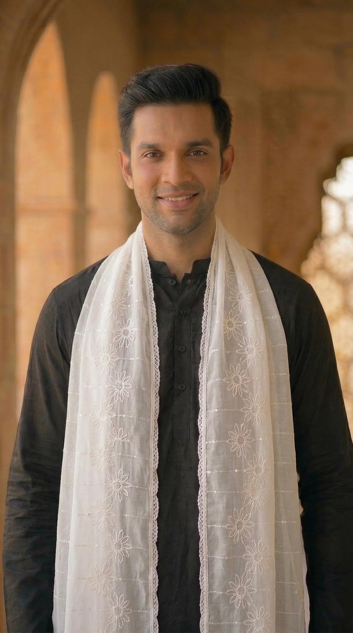 Chanderi Cotton Self Embroidery Dupatta for Men | White - view 3