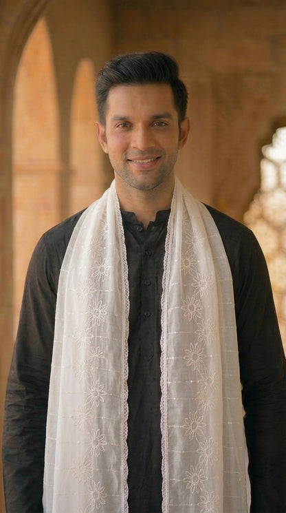 Chanderi Cotton Self Embroidery Dupatta for Men | White - view 3
