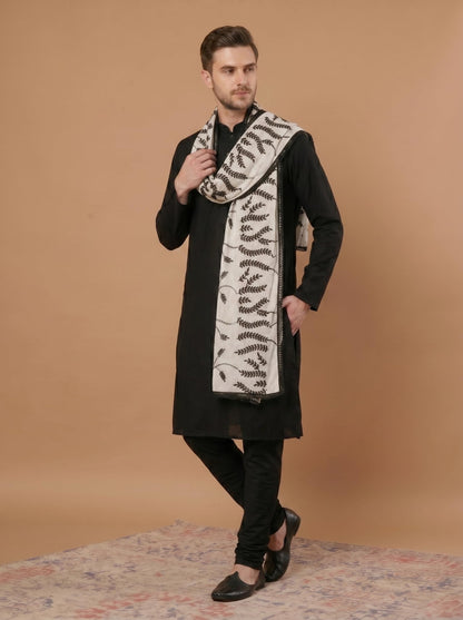 Pure Cotton Leaf Embroidery Dupatta for Men | White - view 3