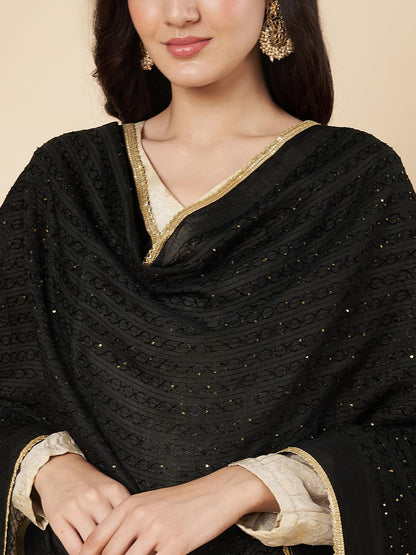 Chanderi Cotton Embroidery Dupatta for Women | Black - view 3