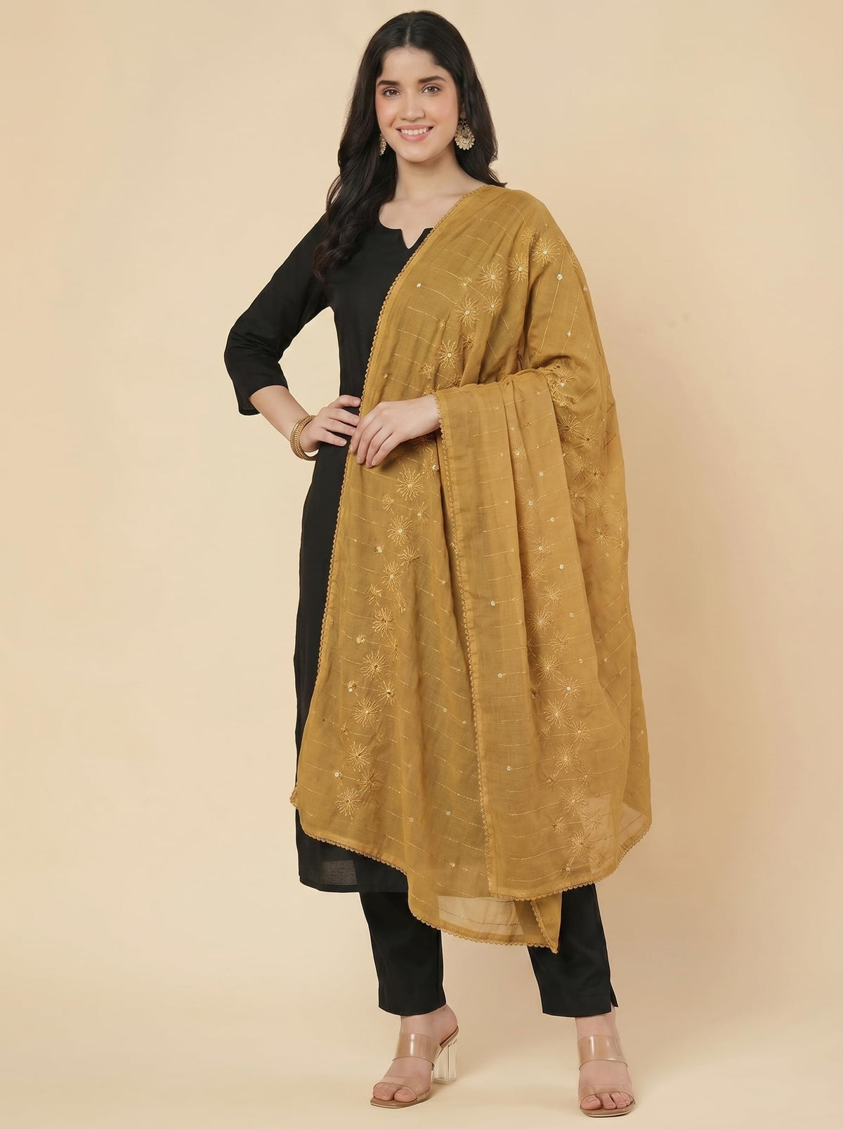 Floral Self Embroidered Chanderi Cotton Dupatta for Women | Sand Beige - view 5