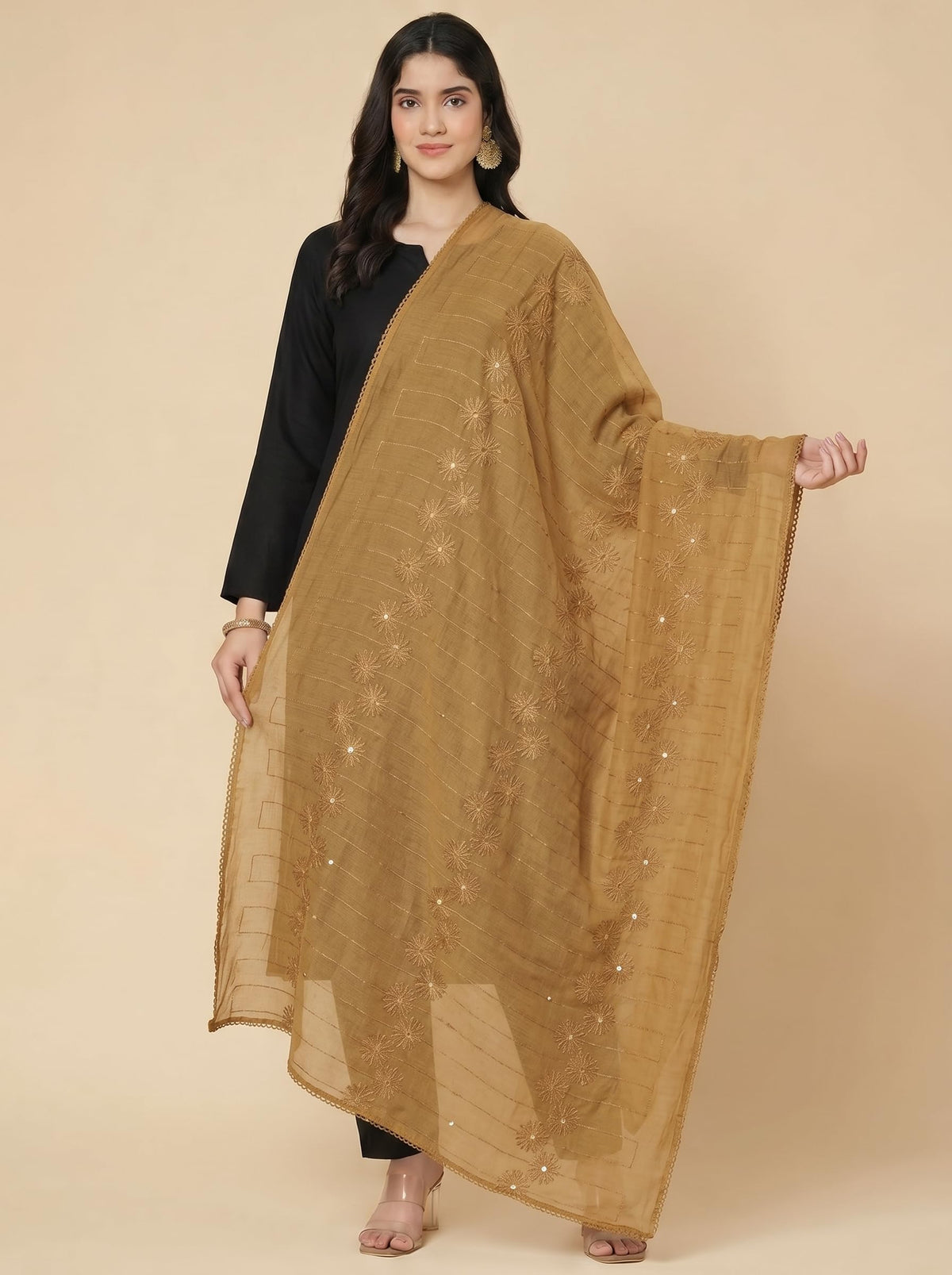 Floral Self Embroidered Chanderi Cotton Dupatta for Women | Sand Beige