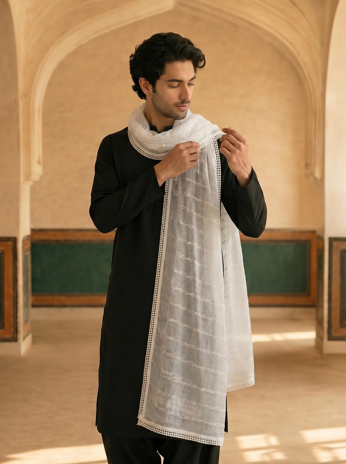 Pure Cotton Self Embroidered Vine Dupatta for Men | White - view 5
