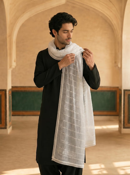 Pure Cotton Self Embroidered Vine Dupatta for Men | White - view 5