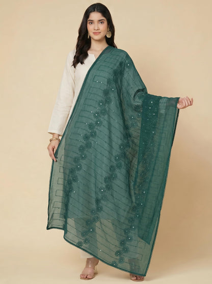 Floral Self Embroidered Chanderi Cotton Dupatta for Women | Bottle Green - view 5