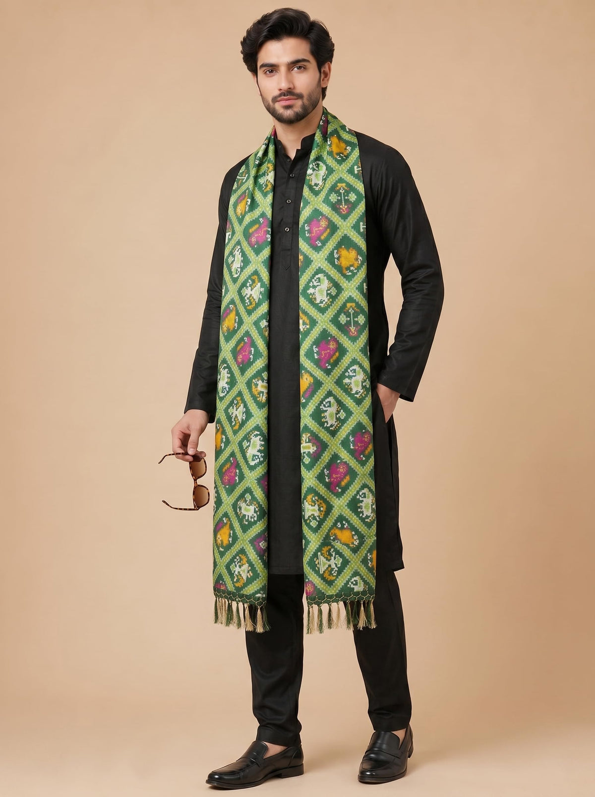 Printed Bandhani Dupatta for Men | Green - view 3