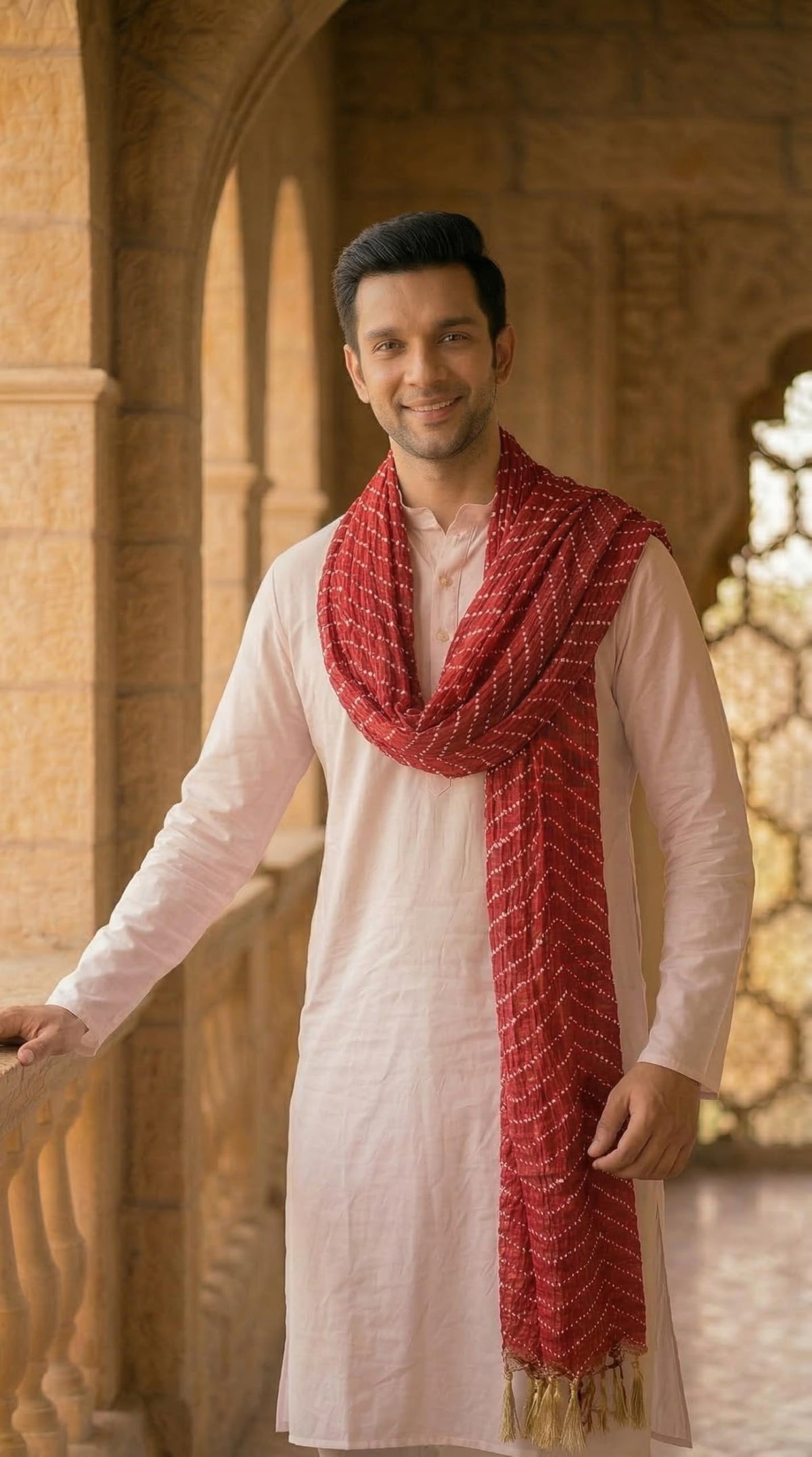 Printed Bandhani Dupatta for Men | Maroon - view 3