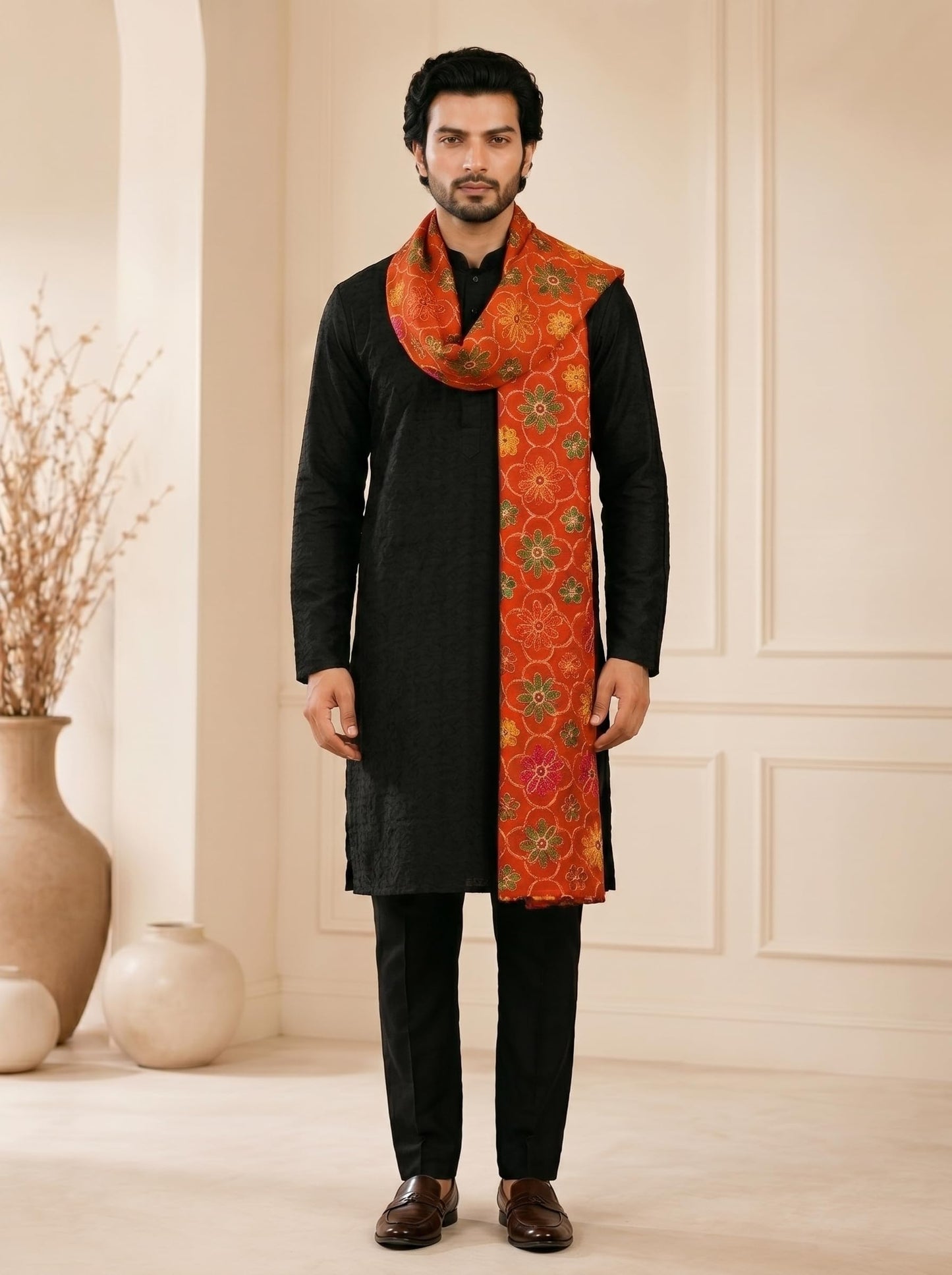Pure Cotton Embroidered Phulkari Dupatta for Men | Red - view 4