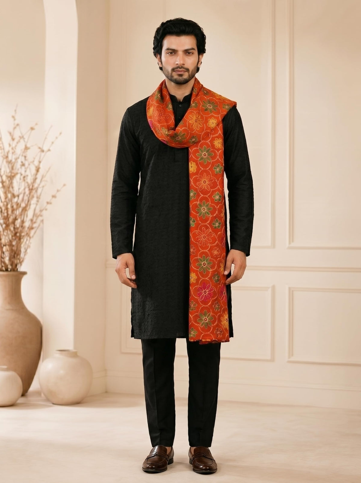 Pure Cotton Embroidered Phulkari Dupatta for Men | Red - view 4
