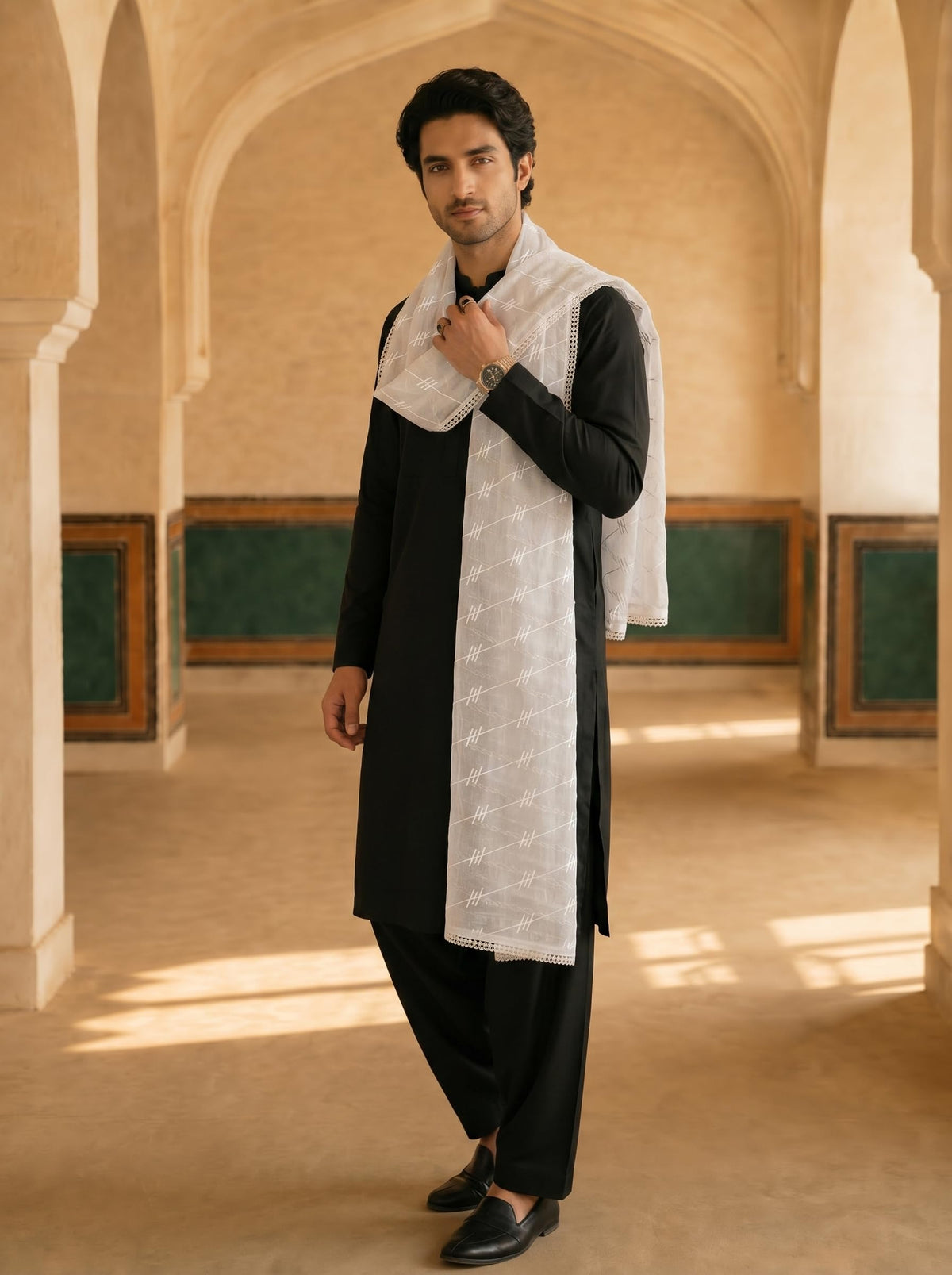 Pure Cotton Self Embroidered Stripe Dupatta for Men | White - view 2