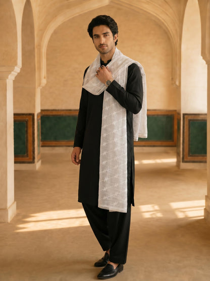 Pure Cotton Self Embroidered Stripe Dupatta for Men | White - view 2