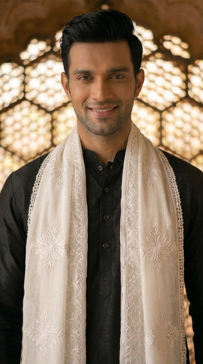 Pure Cotton Self Embroidery Dupatta for Men | White - view 4