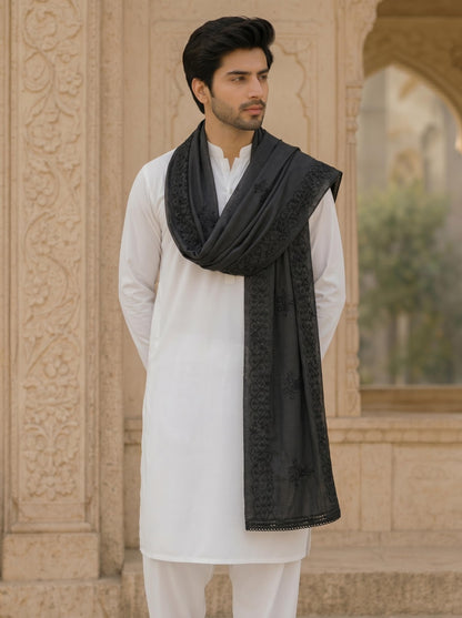 Pure Cotton Self Embroidered Dupatta for Men | Black - view 4
