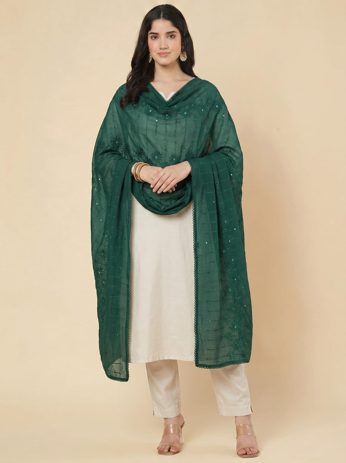 Floral Self Embroidered Chanderi Cotton Dupatta for Women | Bottle Green - view 4