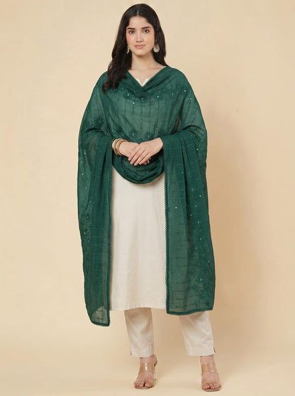 Floral Self Embroidered Chanderi Cotton Dupatta for Women | Bottle Green - view 4