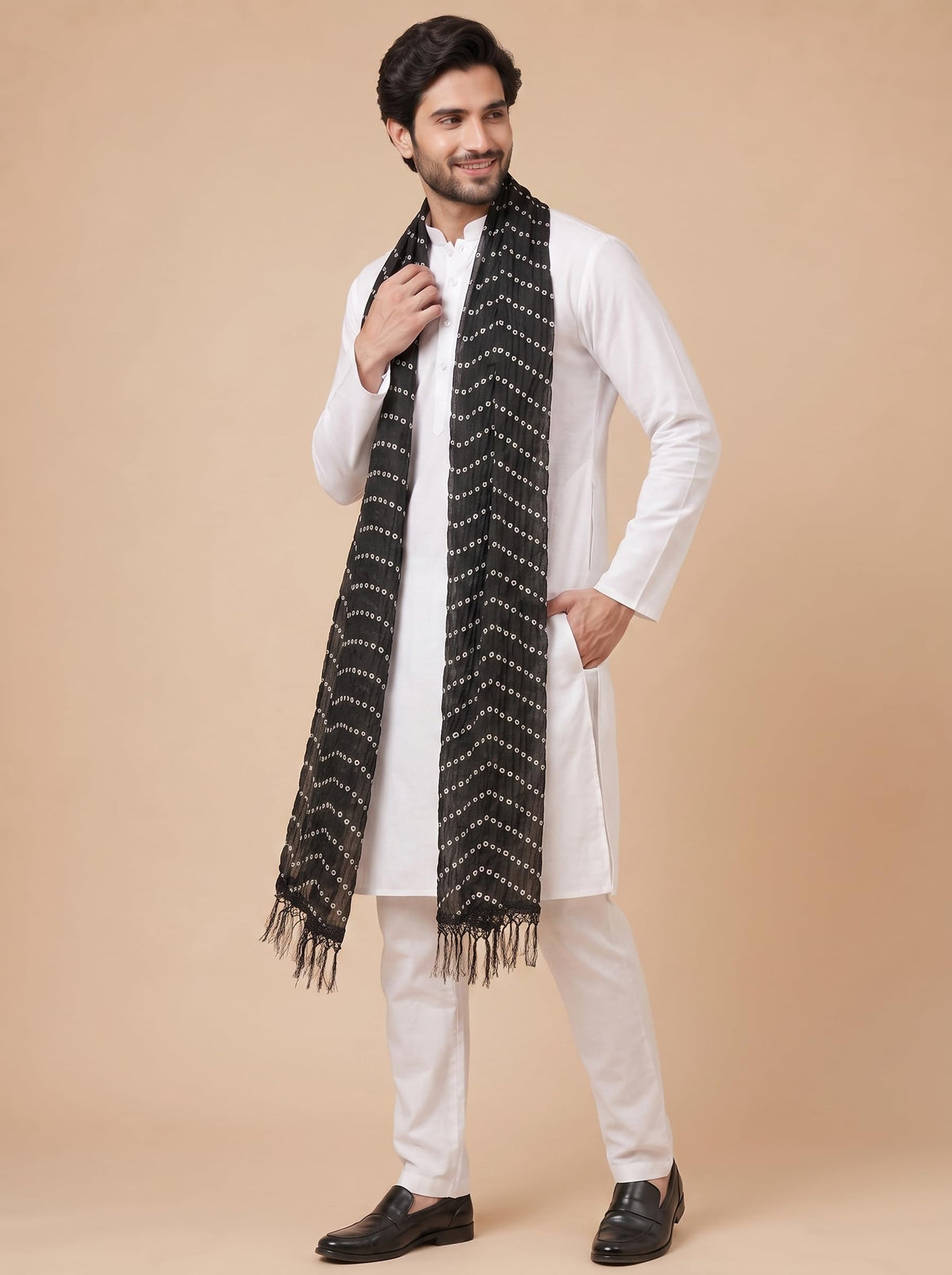 Printed Bandhani Dupatta for Men | Black - view 3