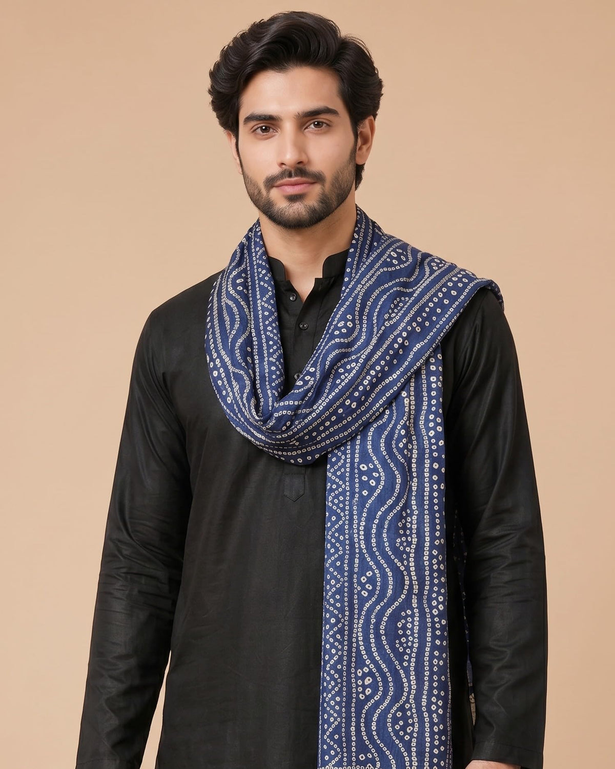 Printed Bandhani Dupatta for Men | Navy Blue - view 6