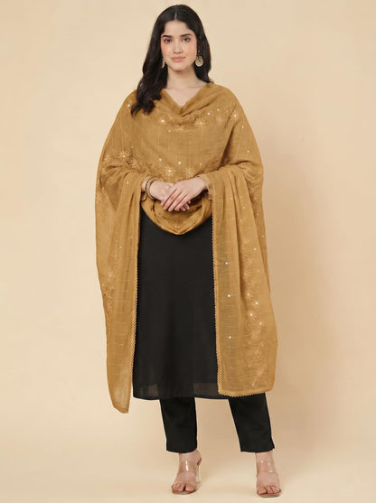 Floral Self Embroidered Chanderi Cotton Dupatta for Women | Sand Beige - view 3