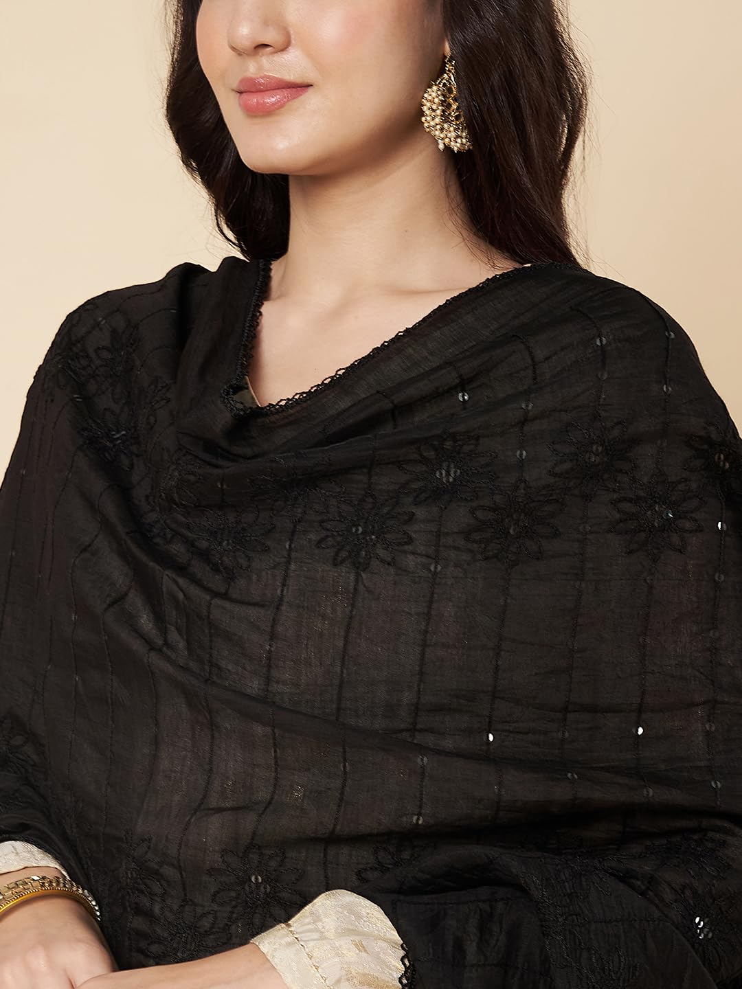 Floral Self Embroidered Chanderi Cotton Dupatta for Women | Black - view 3