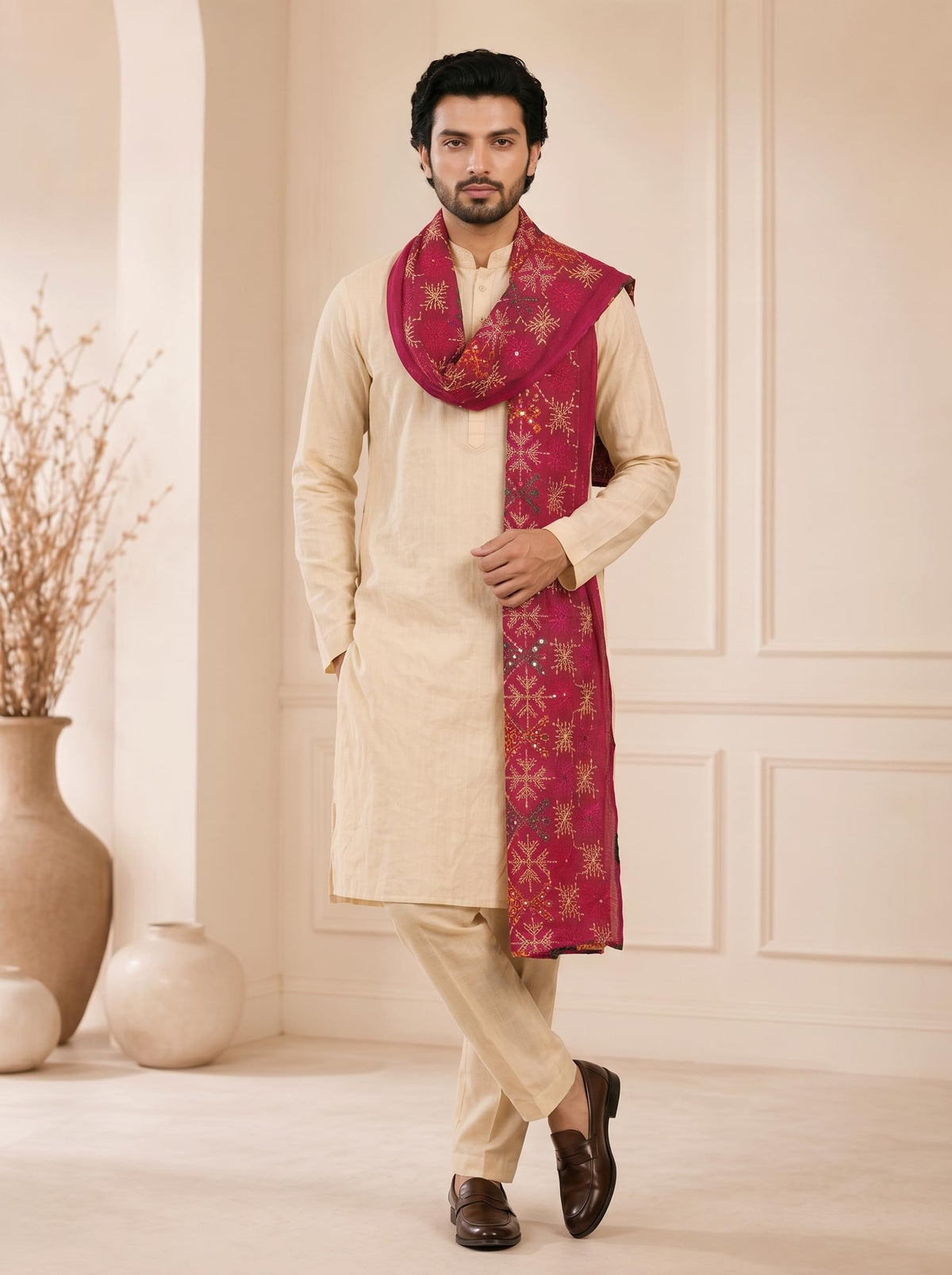Pure Cotton Embroidered Phulkari Dupatta for Men | Pink - view 3
