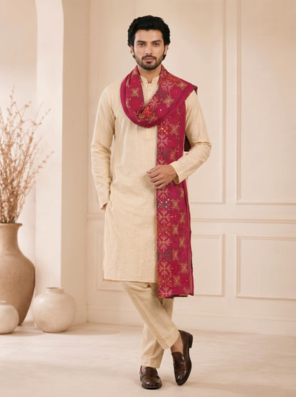 Pure Cotton Embroidered Phulkari Dupatta for Men | Pink - view 3