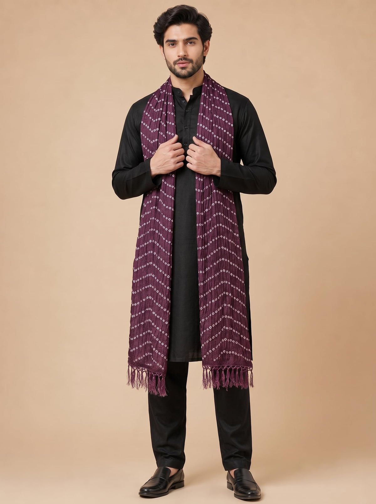 Printed Bandhani Dupatta for Men | Wine - view 3
