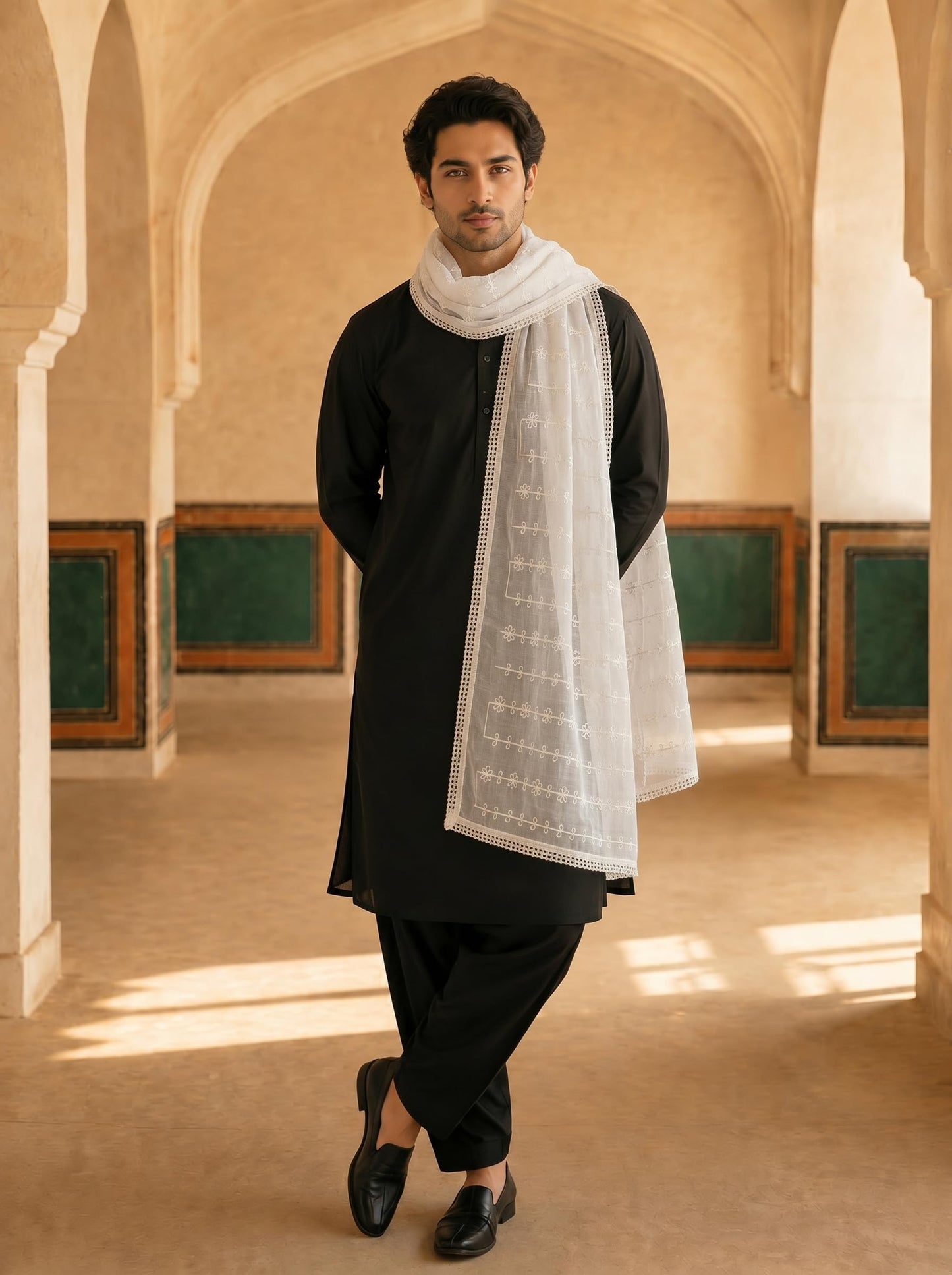 Pure Cotton Self Embroidered Floral Dupatta for Men | White - view 3