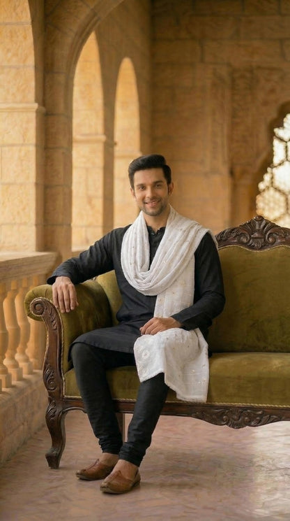 Chanderi Cotton Self Embroidery Dupatta for Men | White - view 4