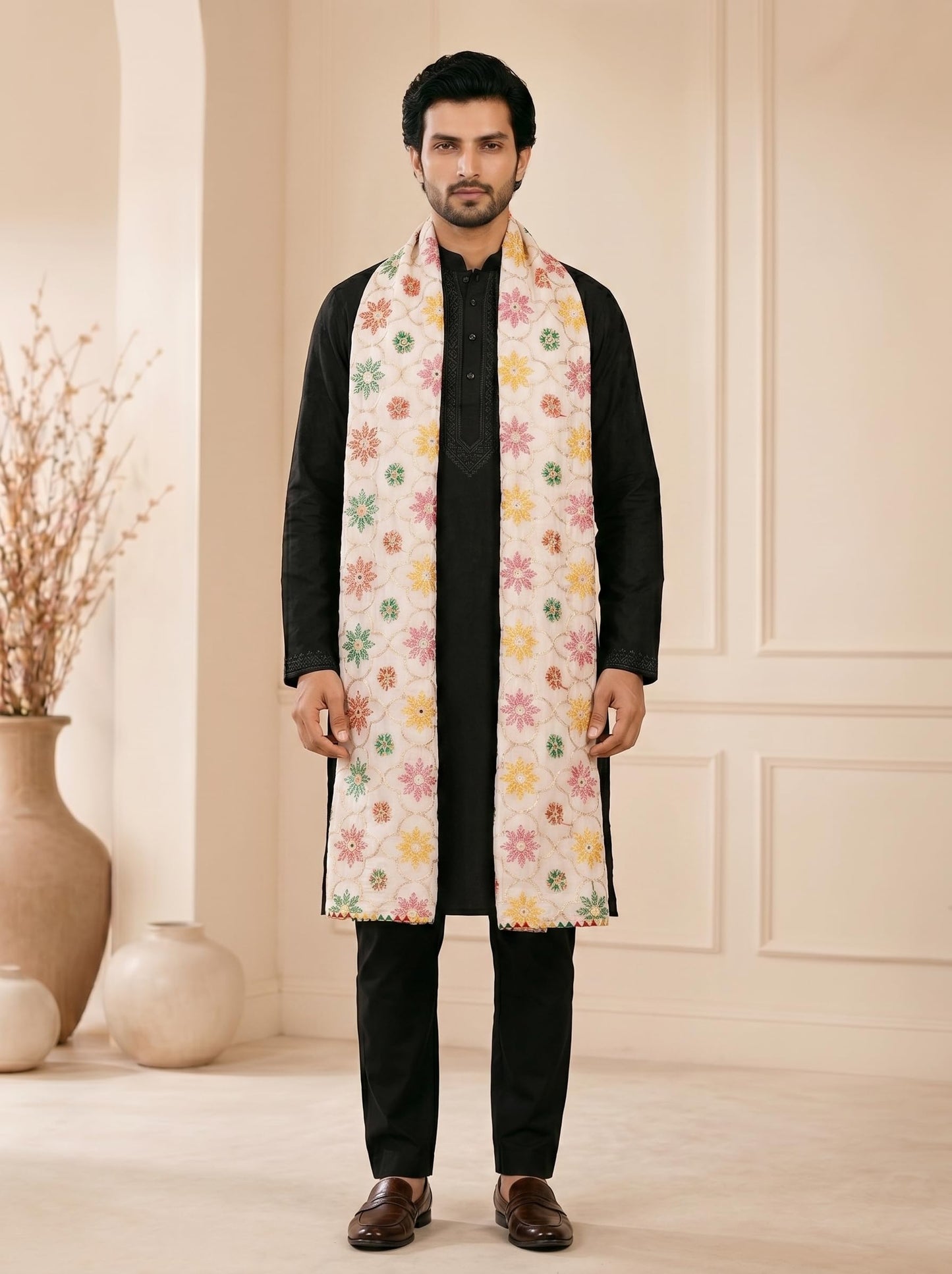 Pure Cotton Embroidered Phulkari Dupatta for Men | White