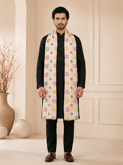 Pure Cotton Embroidered Phulkari Dupatta for Men | White