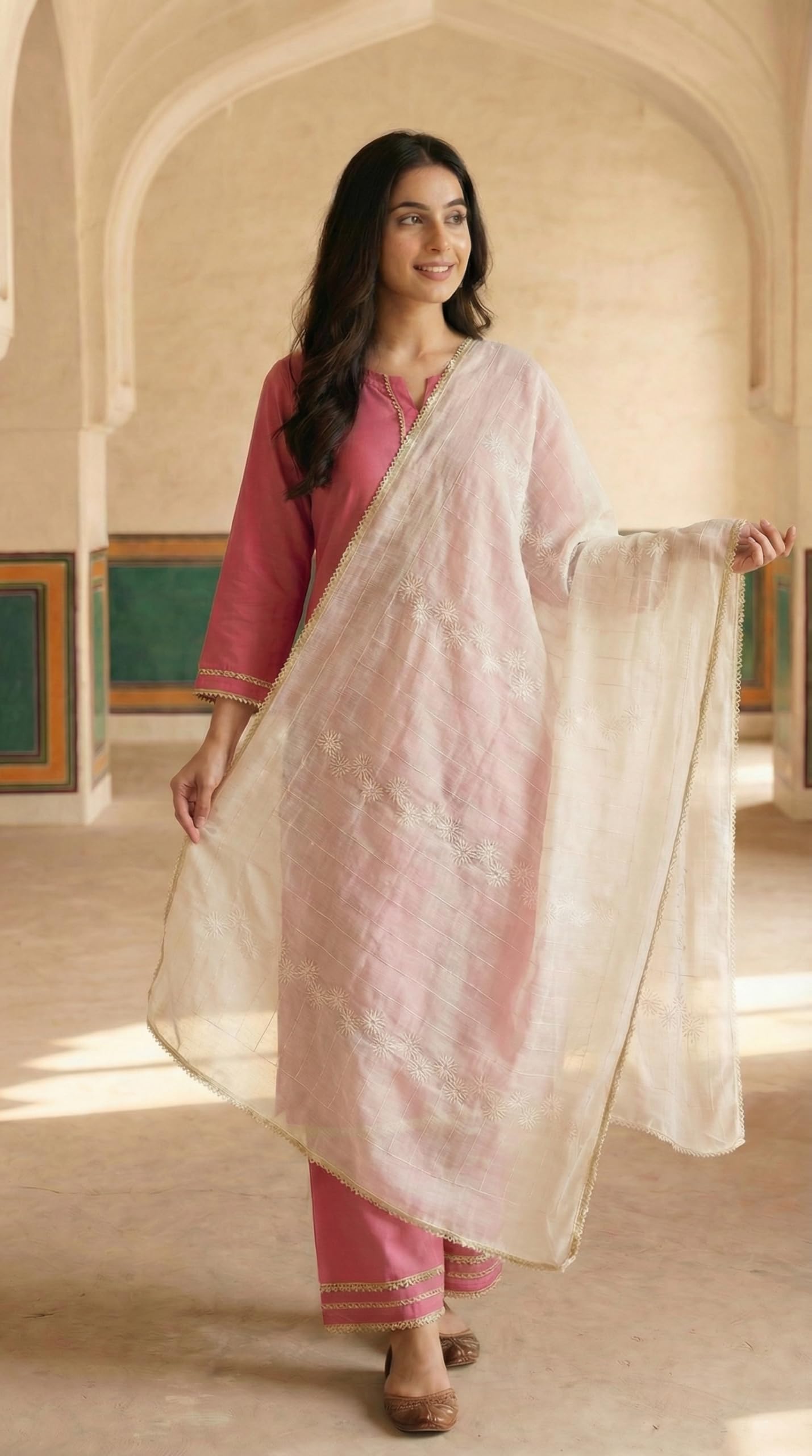 Floral Self Embroidered Chanderi Cotton Dupatta for Women | White - view 2