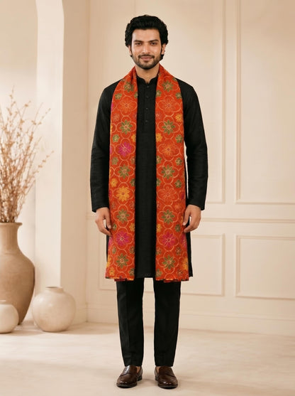 Pure Cotton Embroidered Phulkari Dupatta for Men | Red