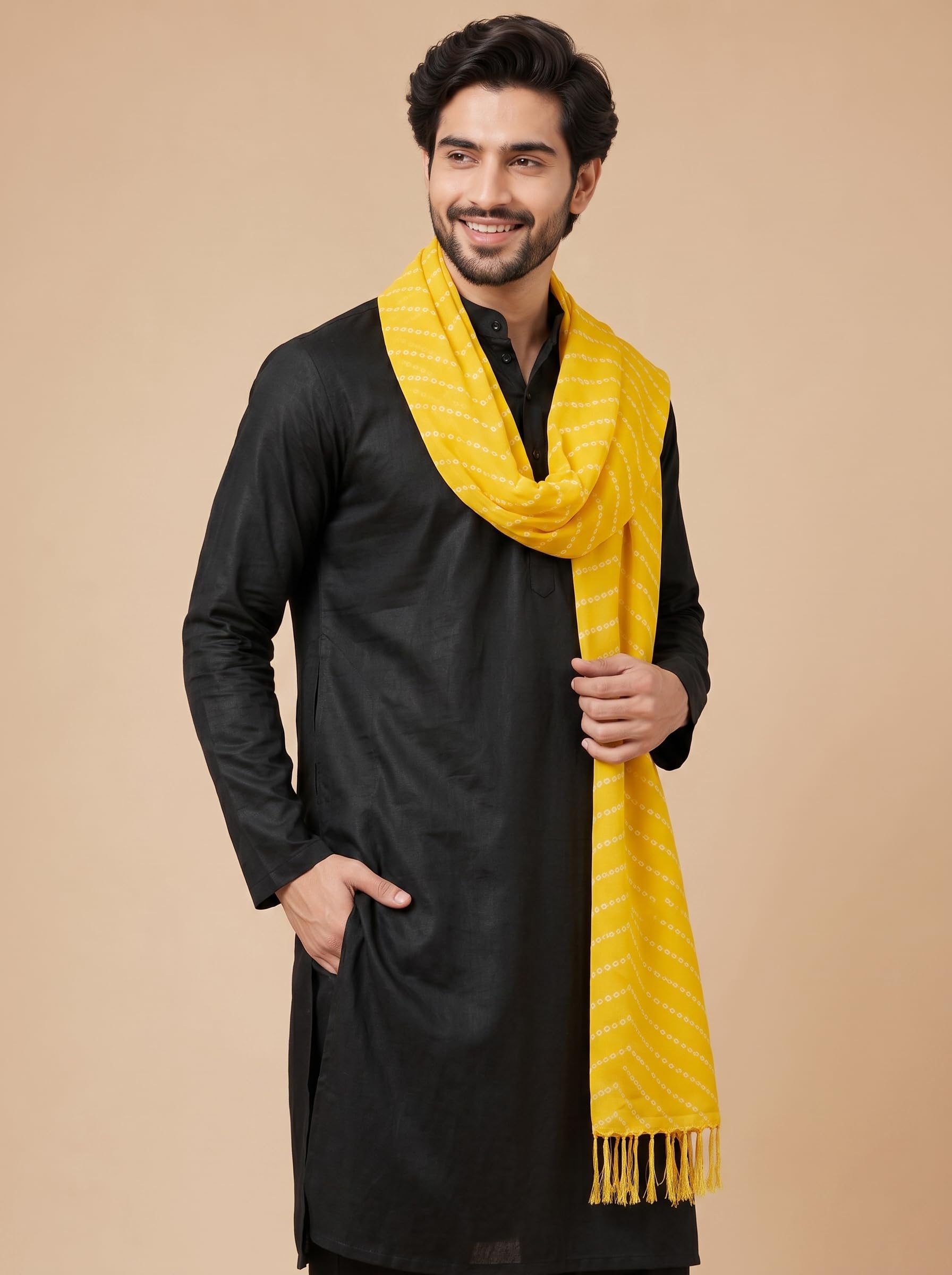 Printed Bandhani Dupatta for Men | Yellow - view 5