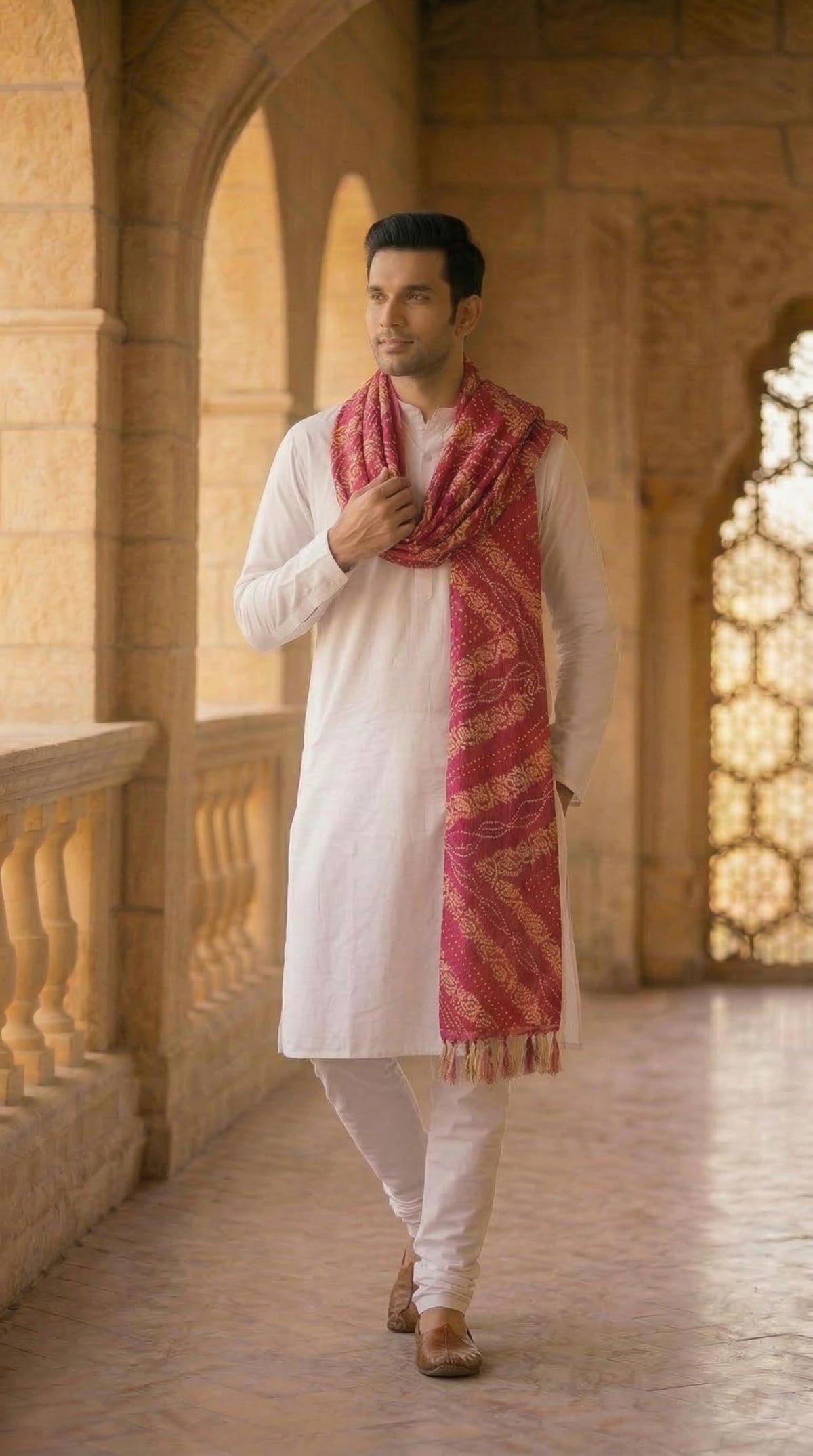 Chinnon Bandhani Dupatta for Men | Pink - view 2