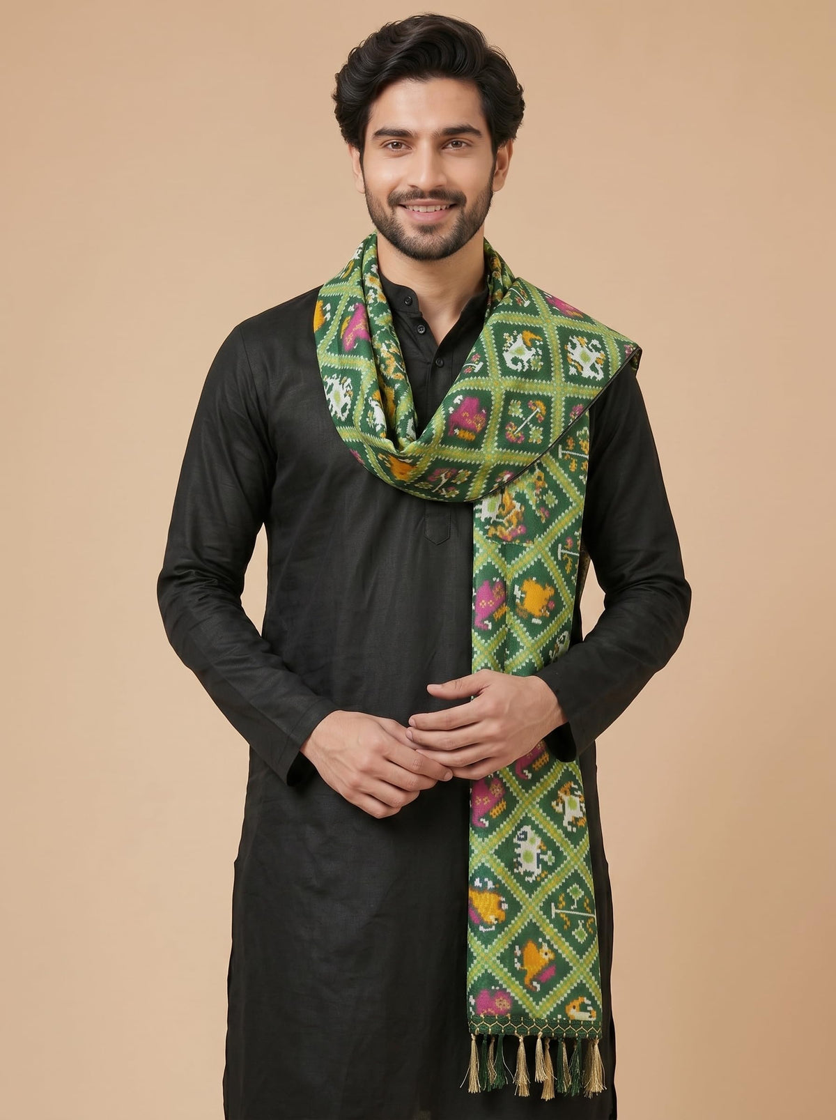 Printed Bandhani Dupatta for Men | Green - view 5